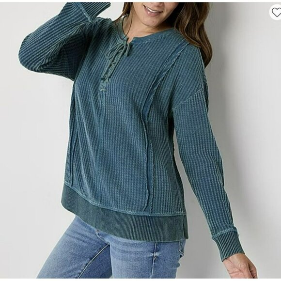 Frye and Co Womens Blue Waffle Knit Thermal Boho Lace Up Long Sleeve Western S - Picture 1 of 11